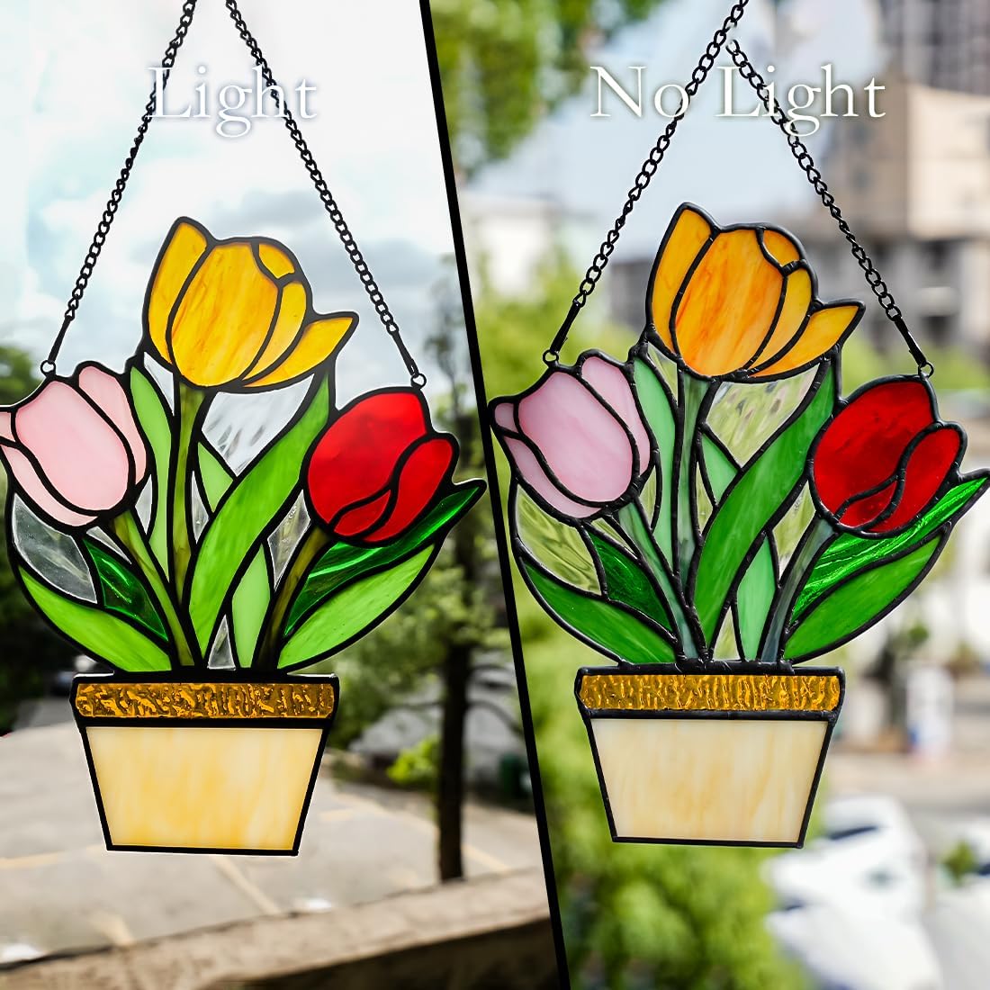 Tulip Flower Decor Stained Glass Window Hangings,Flower Gifts for Women Mom Stained Glass Suncatcher,Handmade Floral Glass Suncatcher for Livingroom Bedroom Kitchen