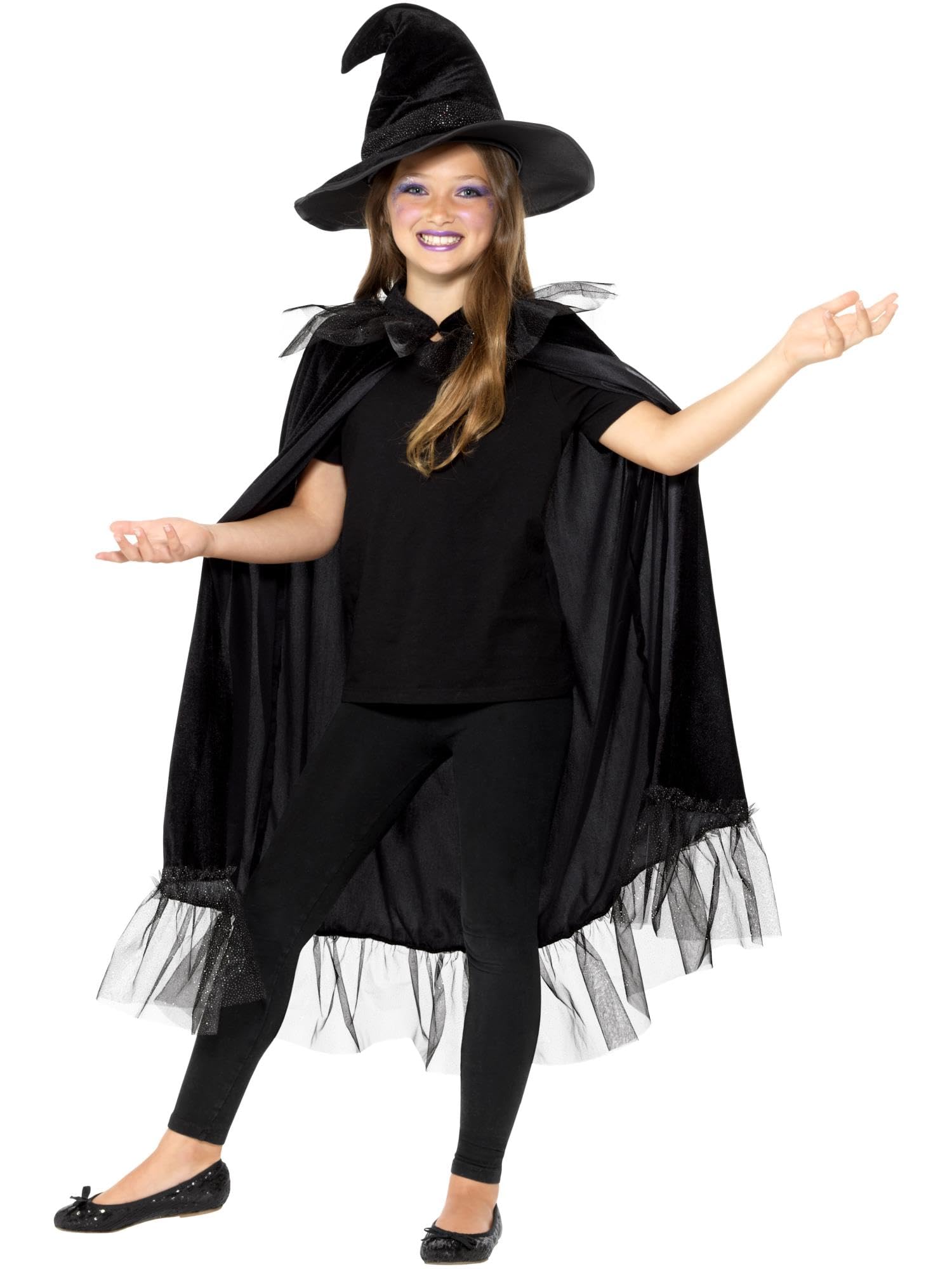 Smiffys Sparkly Witch Kit, Black with Cloak & Hat, Girls Fancy Dress, Witch Dress Up Accessories Halloween