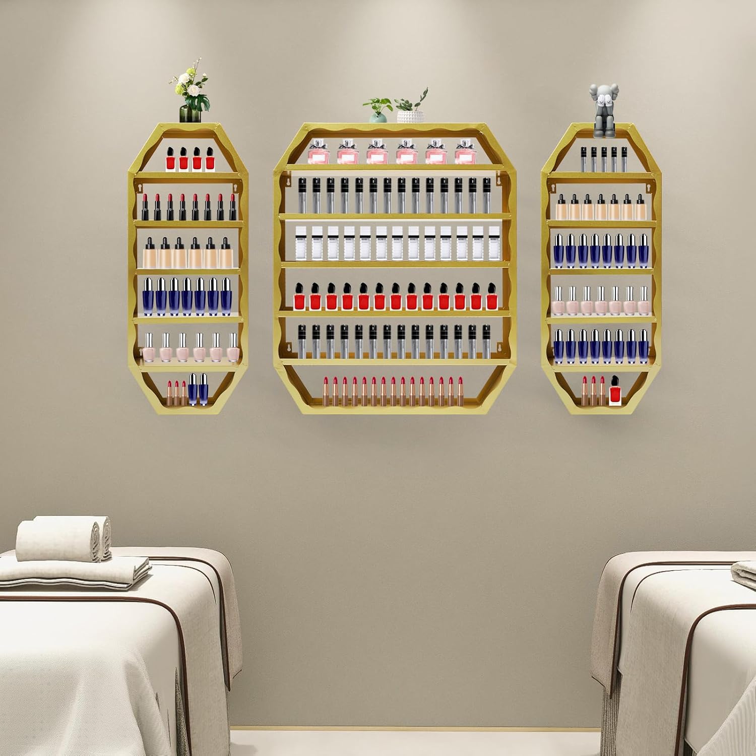 Wall Mounted Nail Polish Organizer,Nail Polish Bottle Holder,Perfumes Lipsticks Vases Display Rack,6 Tiers Octagonal Storage Rack for Homes, Nail Salons, Spas, Stores (Gold)