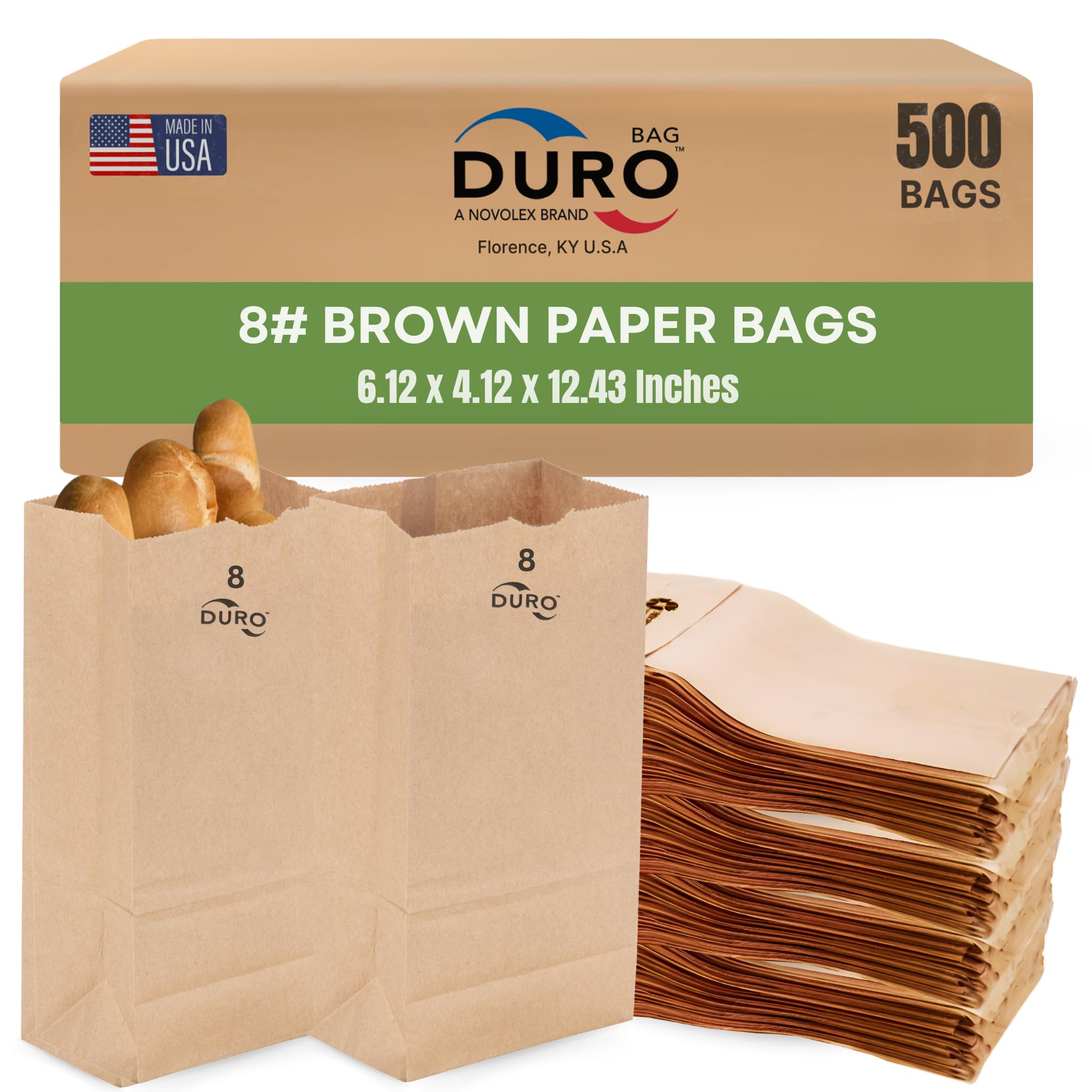 DURO #8 Brown Paper Bags Lunch Size 6.12x3.62x11.06 Inches, Dubl Life SOS 35# Brown Lunch Bags Large for Sandwich, Snacks & Food To-Go, Bulk Paper Sack for Deli/Restaurant & Small Business - 500 Count
