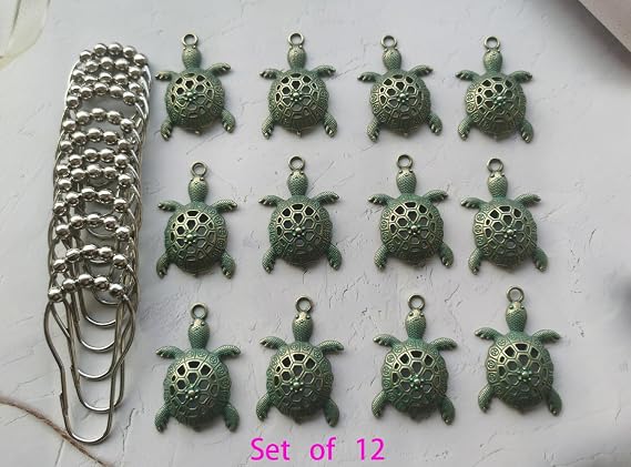 Green Sea Turtle Shower Curtain Hooks, Silver Shower Curtain Rings Beach Shower Hooks for Shower Curtain Liner Tropical Ocean Shower Curtain Hangers, Decorative Bathroom Decor Accessory
