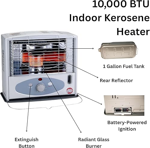 Miniatura 5 de Kero World Calentador de mecha de queroseno de 10,000 BTU con sistema de quemador de vidrio, sistema de chimenea de asiento seguro y tanque de