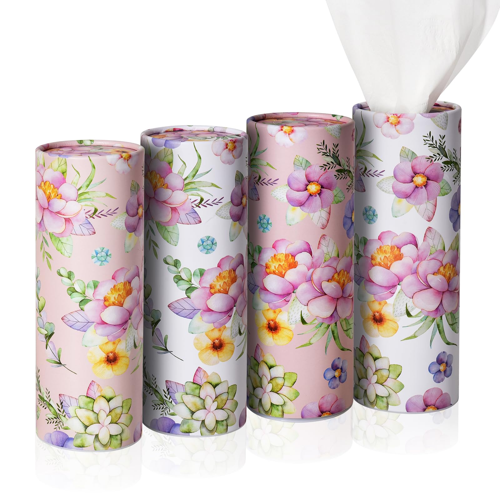 4pack Car Tissues Holder with Facial Tissues Romantic Flower Floral Travel Tissue Tubes Box Container for Cup Holder Cylinder