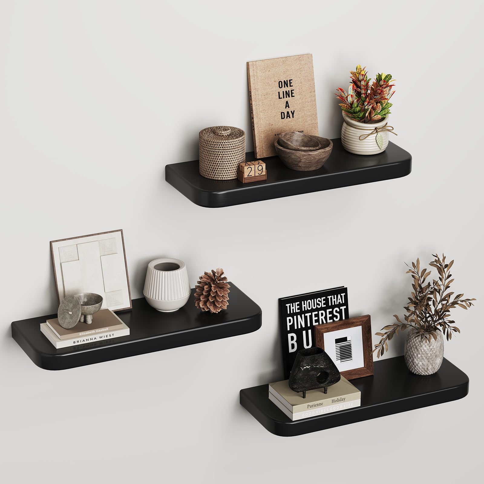hi-home Wandregal 3er Set aus Holz – Schweberegale Industrial mit Unsichtbarer Halterung, Rustikales Holzregal für Wohnzimmer, Schlafzimmer, Küche, Platzsparendes Wandboard für Bücher, Deko, Schwarz
