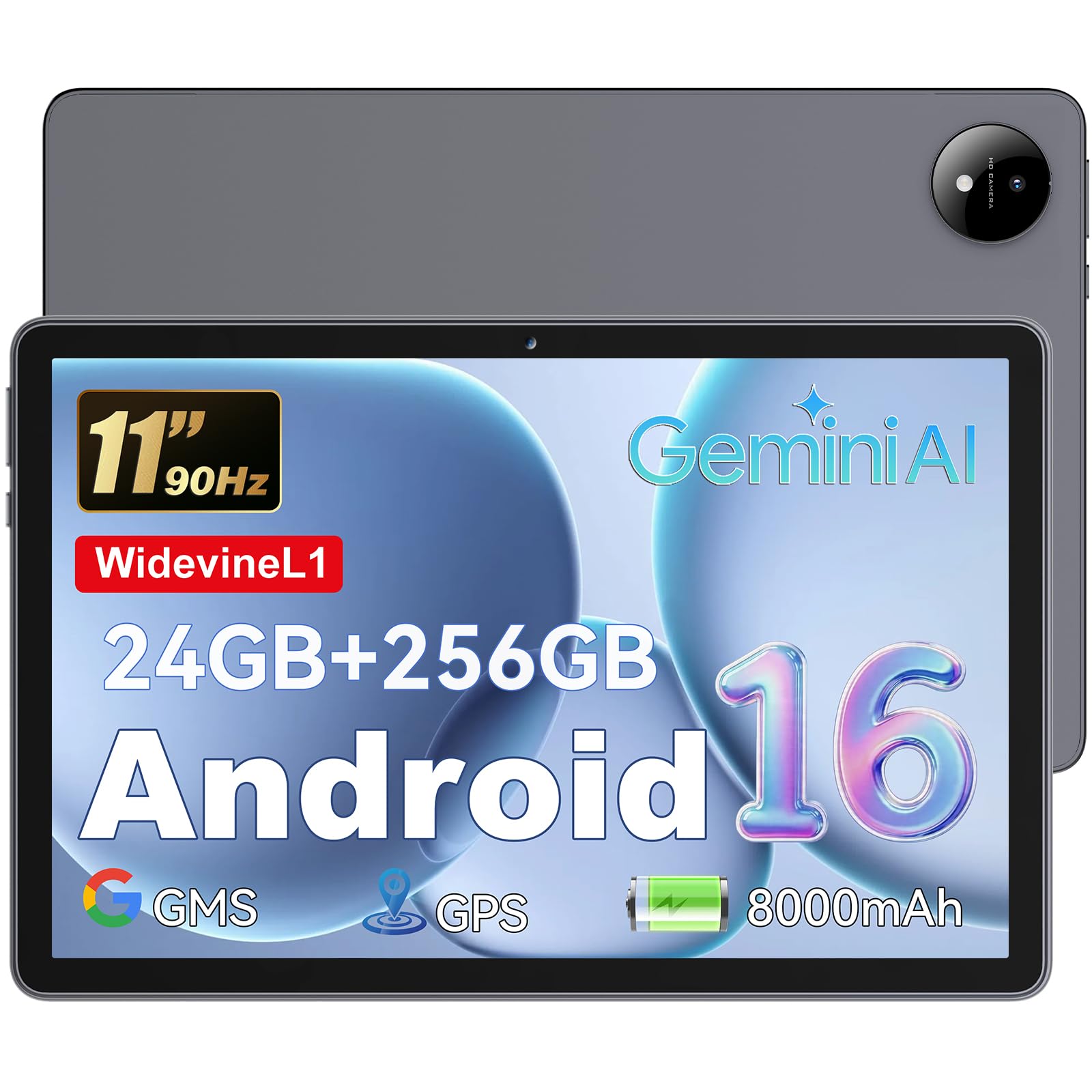 11 Zoll Tablet Android 16, Octa-Core, 24 GB RAM + 256 GB ROM | 1TB Erweiterbar, 1920x1200 FHD IPS-Display, GPS, Widevine L1, 8000 mAh, 8 MP + 16 MP, 5,8G + 2,4G WiFi, BT 5.2, Grau