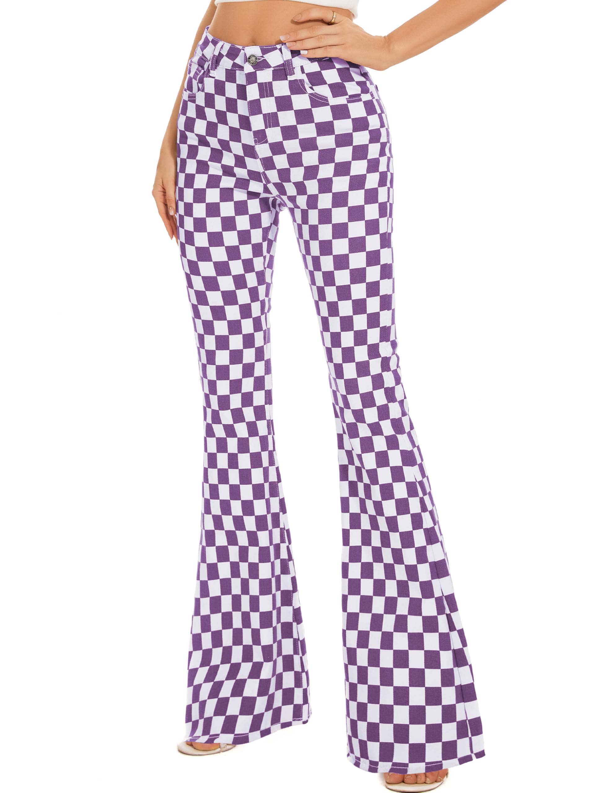 Jeans con fondo a campana per le donne a vita alta stretch plaid flare jeans jeans bootcut pantaloni