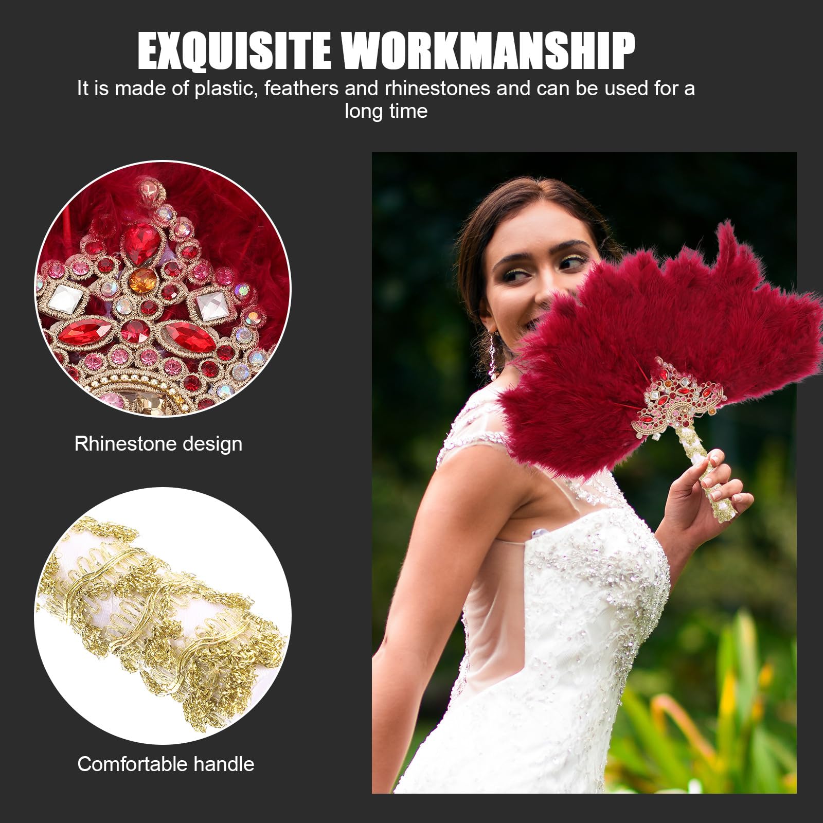 Handgefertigter Hochzeitsfächer mit Strass und Kunststoff Einzigartiger Dekorativer Fächer als Fotorequisite für Braut und Gäste bei Hochzeiten