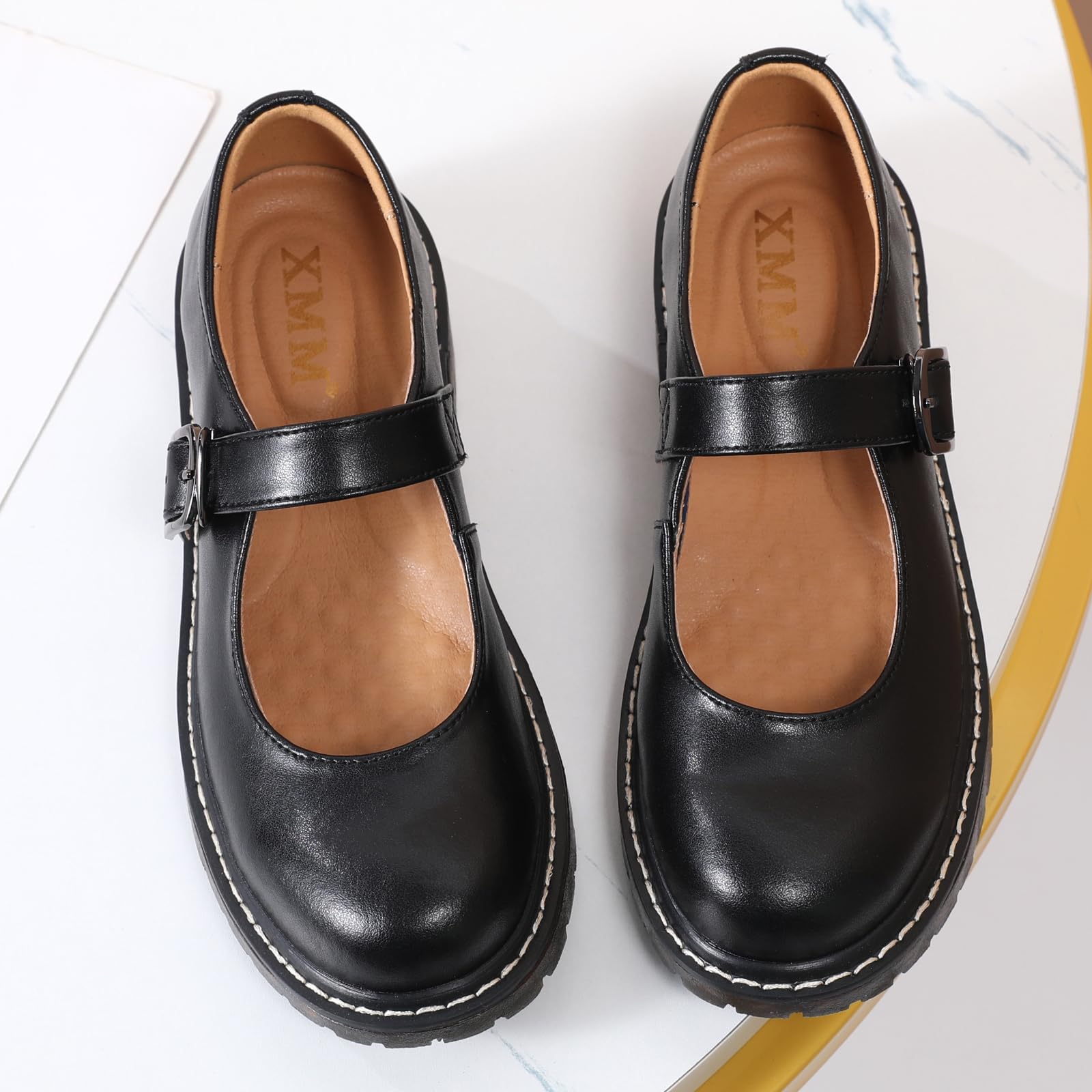 XMM Mary Jane Shoes Women Oxford Shoes Leather Round Toe Flats Non-Slip Ankle Buckle Strap Comfort Casual Dressy Cosplay Party School Work Shoes: 6.5 Black