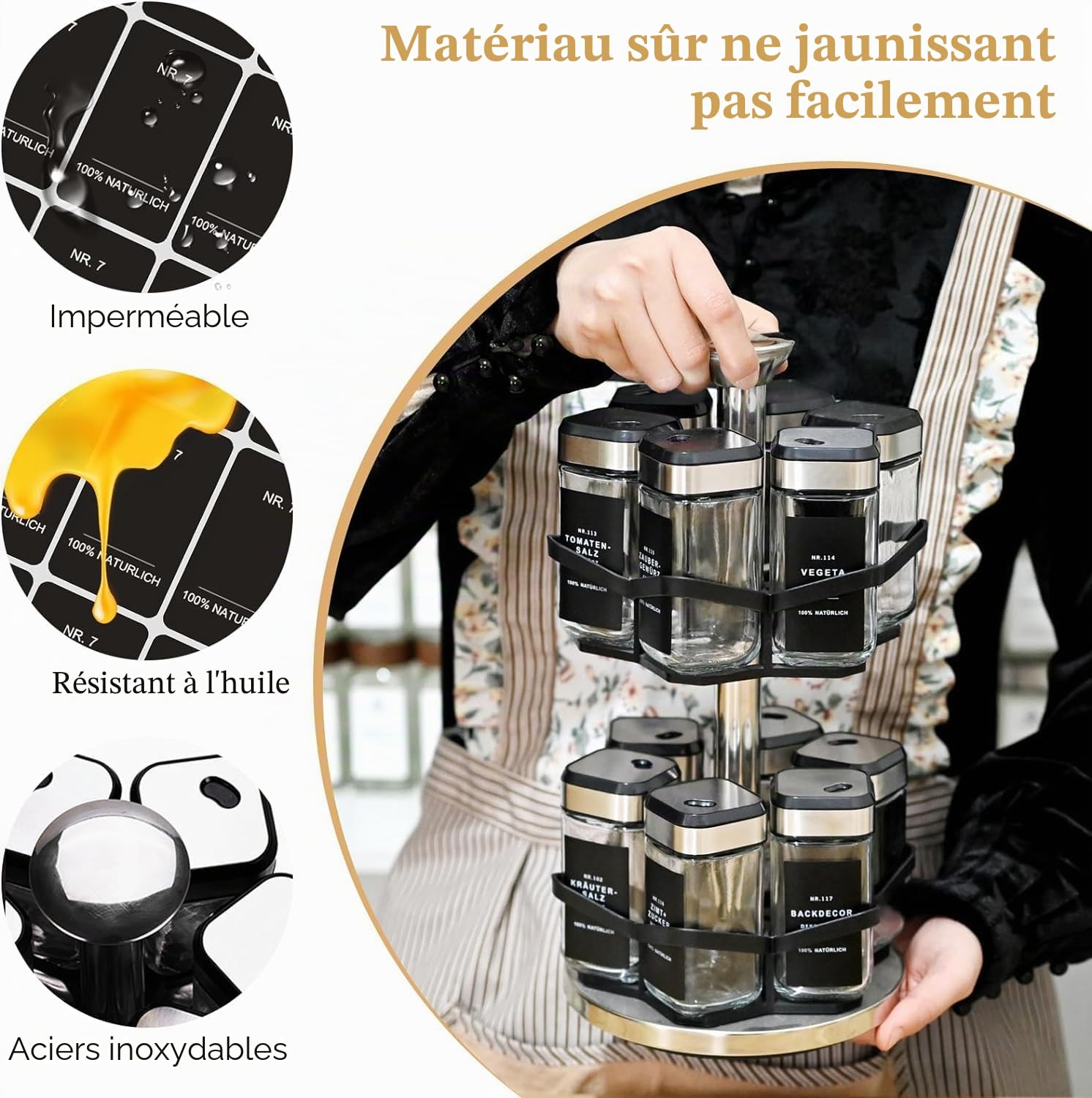 2 Étages Rangement Epices Cuisine avec 12×120ml Pot a Epices Carrés, Trou de Sélection 360° dans le sens Horaire, 360° Tourniquet a Epices, Porte Epices Cuisine pour un Accès Facile aux Épices
