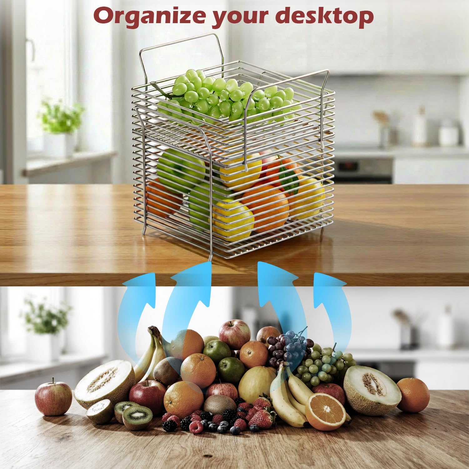 2 Tier Fruit Basket for Kitchen, Stainless Steel Fruit Vegetable Basket Organizer Wire Fruit Bowl, Counter Stackable Storage Basket for Fruits, Vegetables, Snacks, Bread