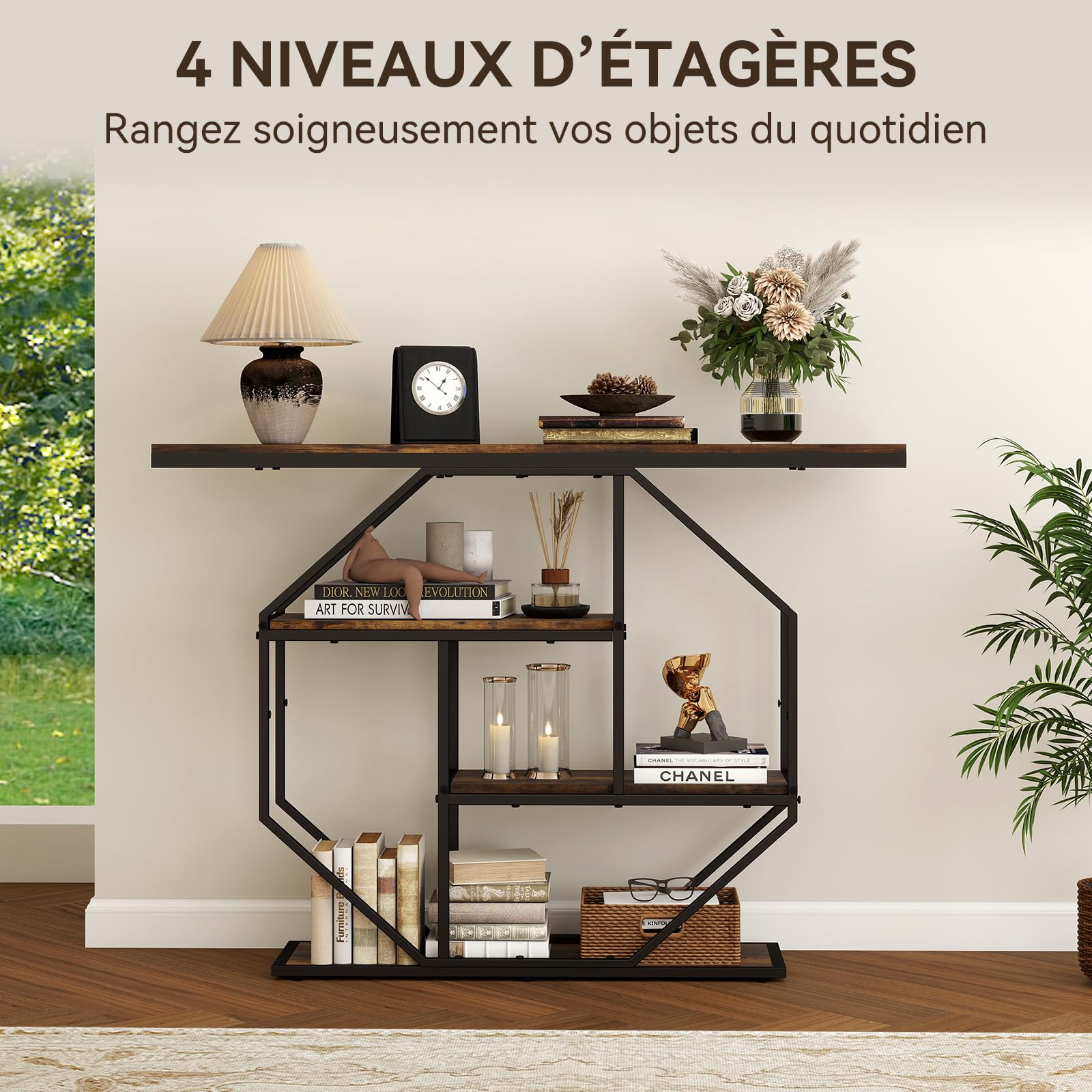 YU YUSING Console d'Entrée Industrielle 105 cm Cadre Géométrique 4 Niveaux