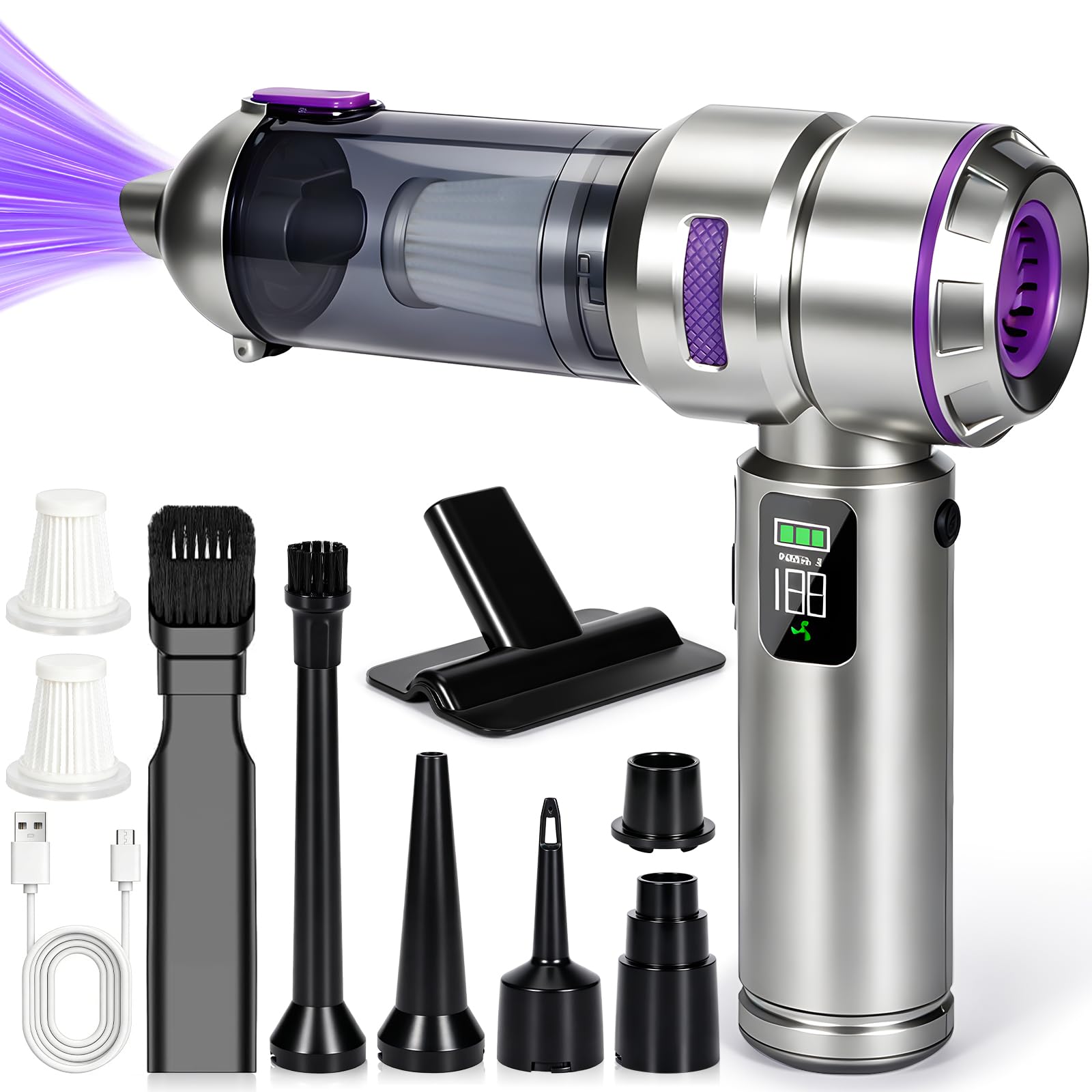 Aspirabriciole Senza Fili, 24000Pa 4-in-1 Aspirapolvere Auto Cordless con Schermo, Aspiratore e Soffiatore con Motore Brushless, per la cucina, l’automobile, la casa, i peli di animali