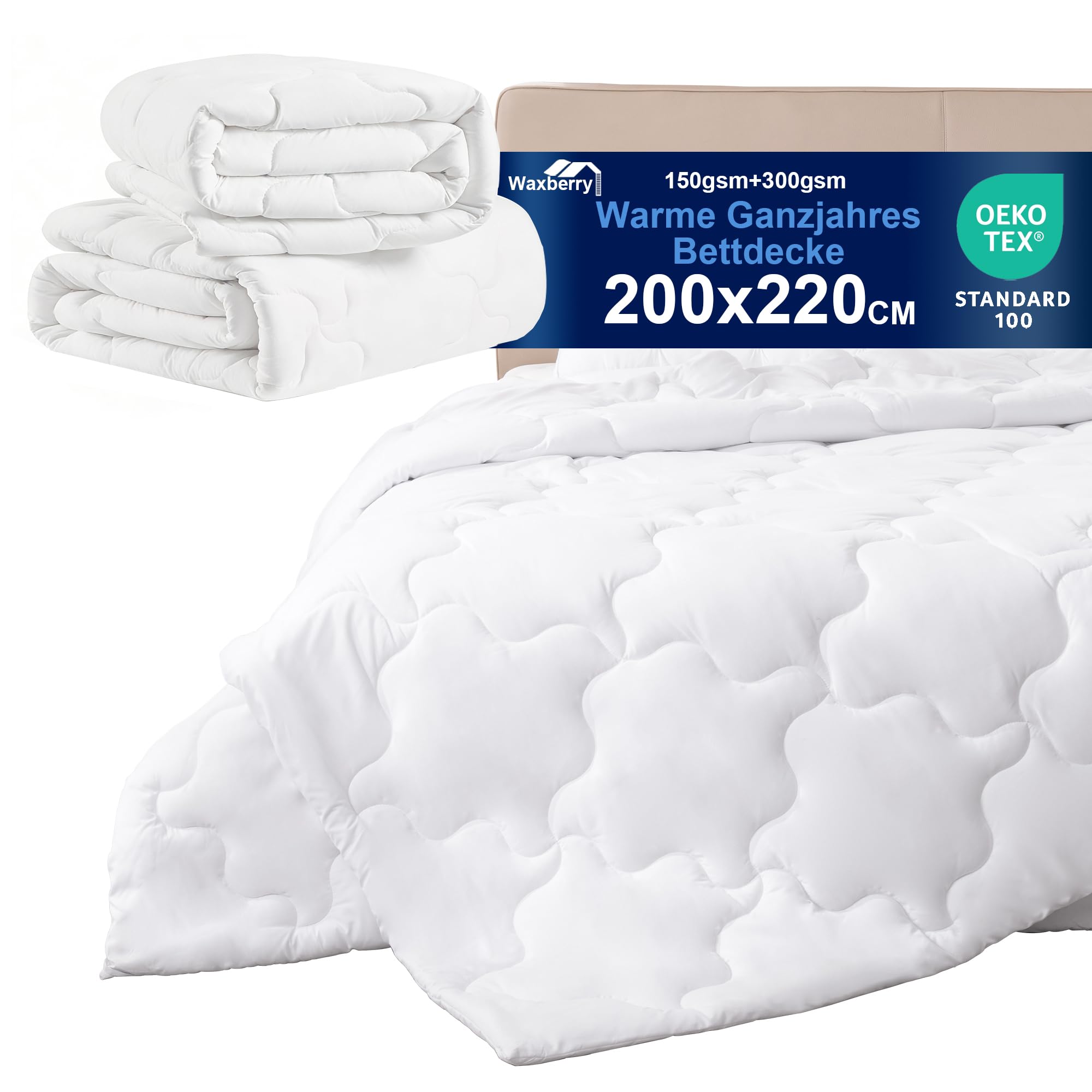 Waxberry 4 Jahreszeiten Bettdecke 200x220, 2 Teilig Set - Winterdecke 450gsm - Ganzjahresdecke 300gsm + Sommerdecke 150gsm, Weiche Steppdecke Waschbar Anti-Allergisch, Weiß