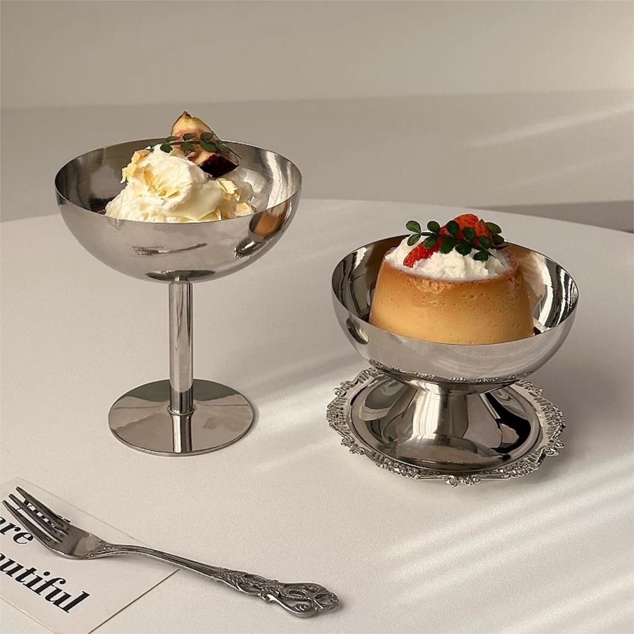 Tissting Stainless Steel Dessert Bowls, Elegant Multi-Functional Metal Serving Cups with Feet for Sundae Salad Cocktail, Set of 4 (2 Short + 2 Tall) for Home Kitchen Dining
