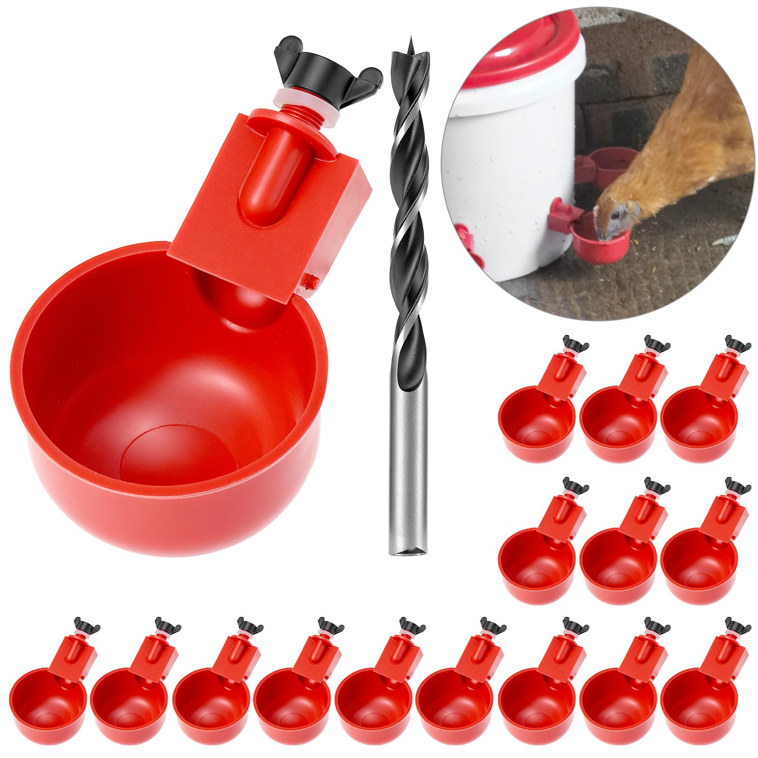 QWORK® Set de 16 Bebederos automáticos para Pollos con Taladro Especial - dispensador de Agua para Aves de Corral - Hecho de plástico Acero Inoxidable.