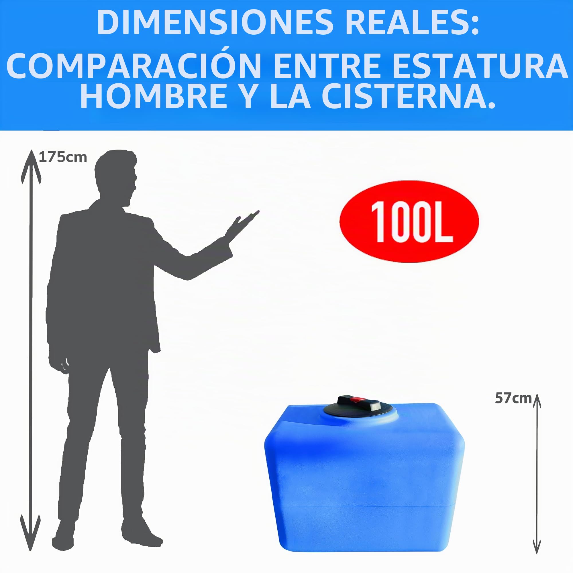 ESTO Depósito de agua potable cuadrado de 100 l, 200 l, 300 l, rectangular, de polietileno para recogida de agua, depósito exterior azul, para uso fuera del suelo, 100 l/bomba + control de presión
