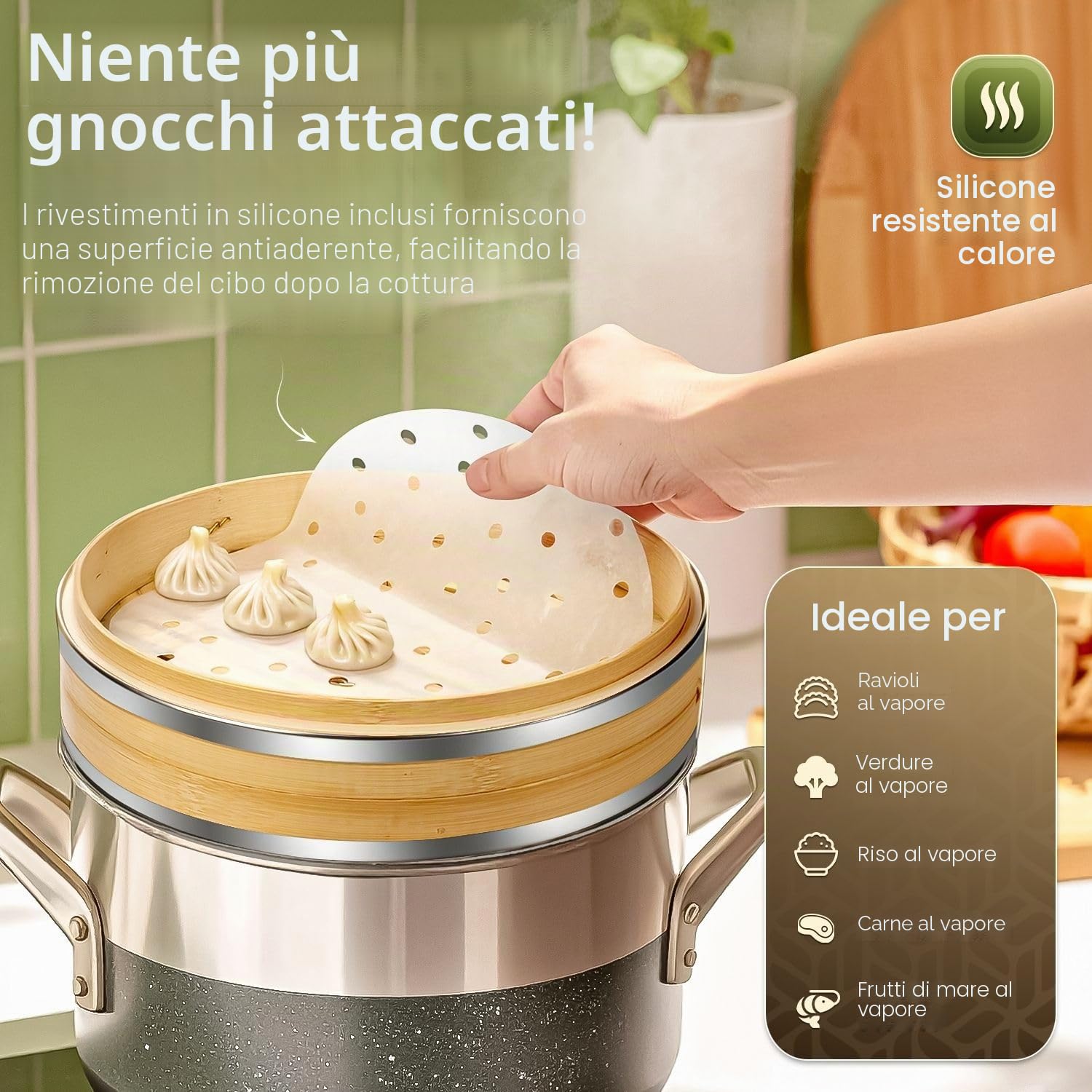 Flexzion Vaporiera di bambù (25,4cm /10 pollici) con fasce in acciaio inox 50x fodere e 2 paia di bacchette, Vaporiera di bamboo cestello cinese, Steamer vapore per cottura cucina cibo asiatico