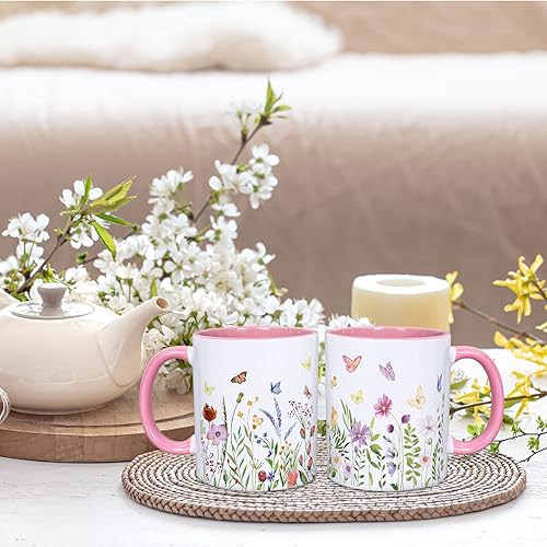 Miniatura 5 de Whaline 2 tazas florales con asa de 12 onzas con diseño de mariposas silvestres y flores silvestres, taza de regalo de primavera y verano para