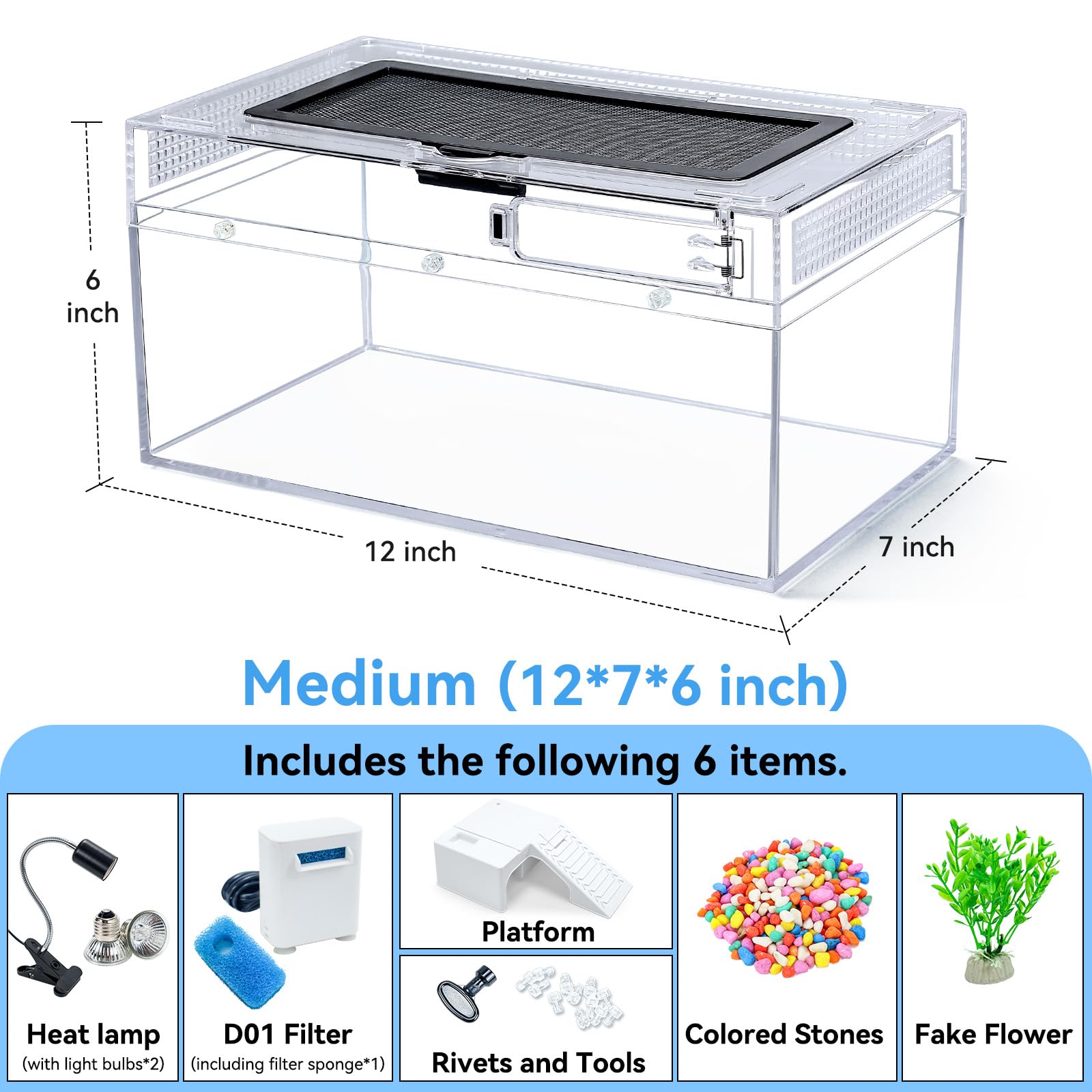 RunDuck Kit de pecera para tortugas de 12 x 7 x 6 Un acuario para tortugas de alta definición con lámpara de calefacción, filtro, ventilación avanzada, resistencia a altas temperaturas, accesorios com