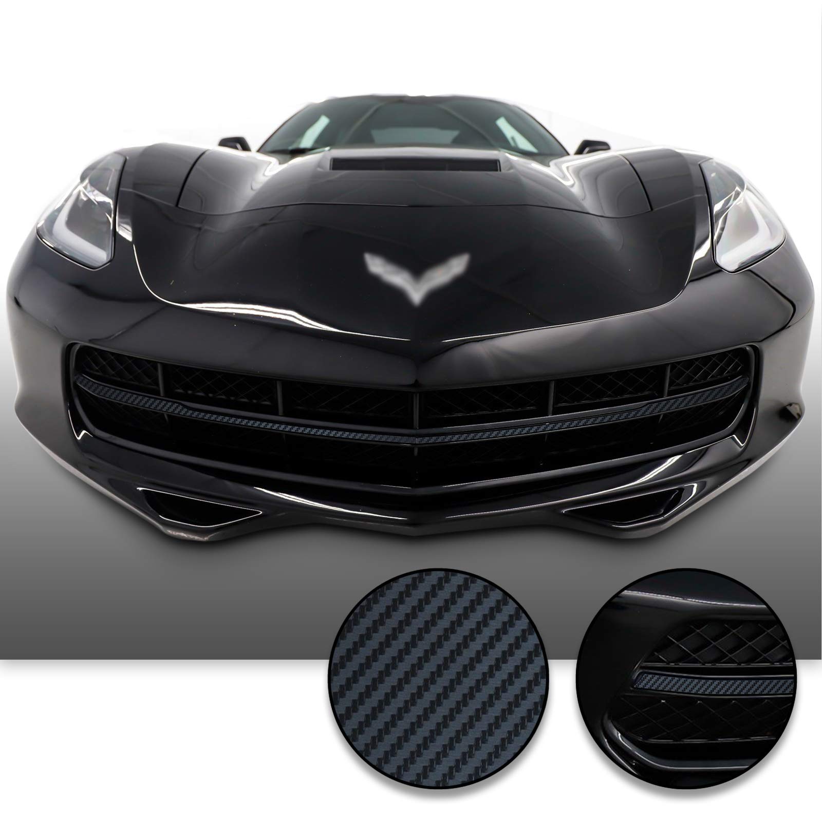 Precut Chrome Grille Bar Blackout Overlay Vinyl Wrap Kit Compatible with Corvette C7 2014 2015 2016 2017 2018 2019 - Carbon Fiber Black