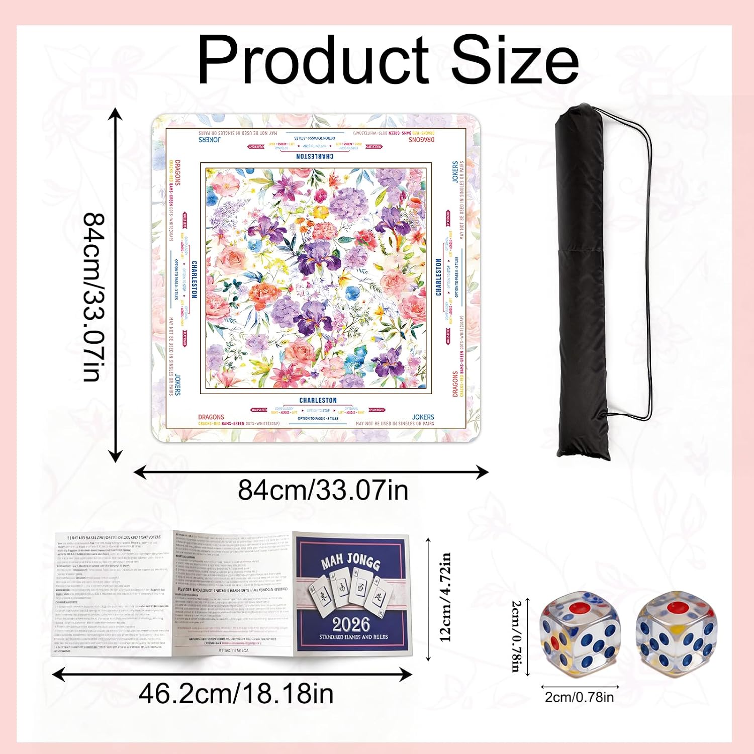 Wildflower Mahjong Mat for Table, 33x33 Inch Non-Slip Noise Reduction Mah Jongg Mat with 4 Mahjong Playing Instructions, 2 Dice & Carrying Bag for Mahjong Poker Board Games Dominoes