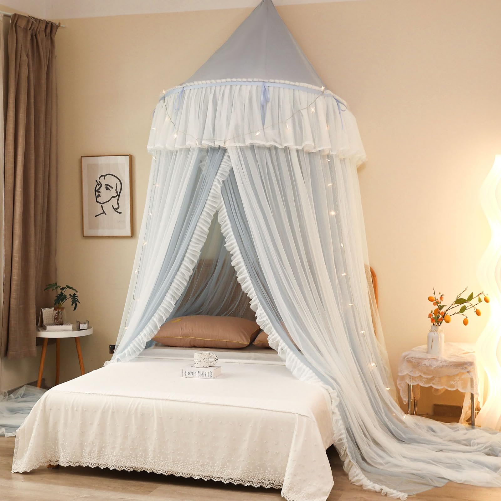 GTHTUHFD Bed Canopy With Double Layer Sheer Mesh Dome Curtain For Mosquito Protection And Privacy