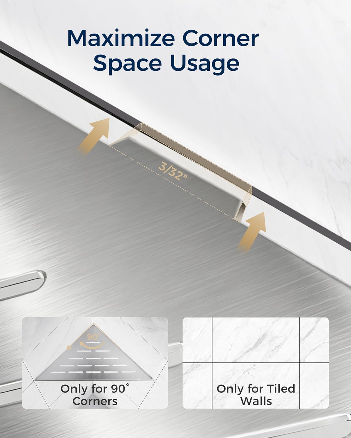 Corner Shower Shelf 10'', 304 Stainless Steel Corner Shelf 2 Pack, Grout in Bathroom Shelves for Tiled Wall, Recessed Shower Shelves Caddy with 4 Hooks, No Drilling (Brushed Nickel)