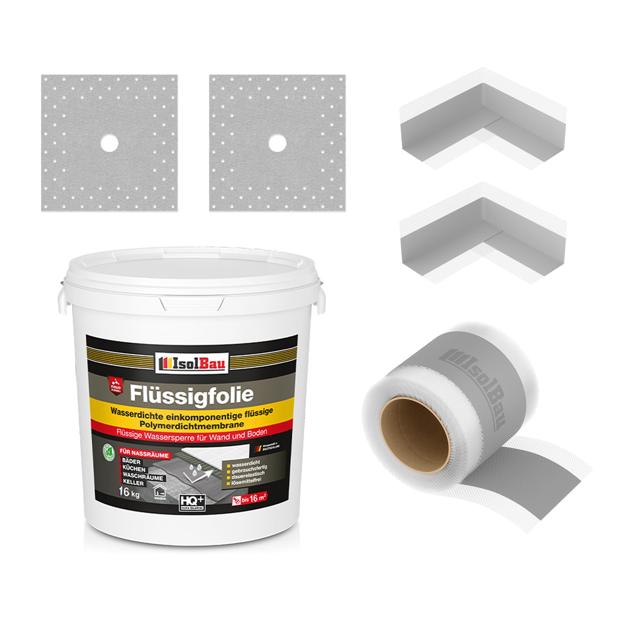 Isolbau Dicht-Set - Inkl. 1x Flüssigfolie (16 kg), 1x Dichtband (15 m), 2x Innenecken & 2x Manschetten