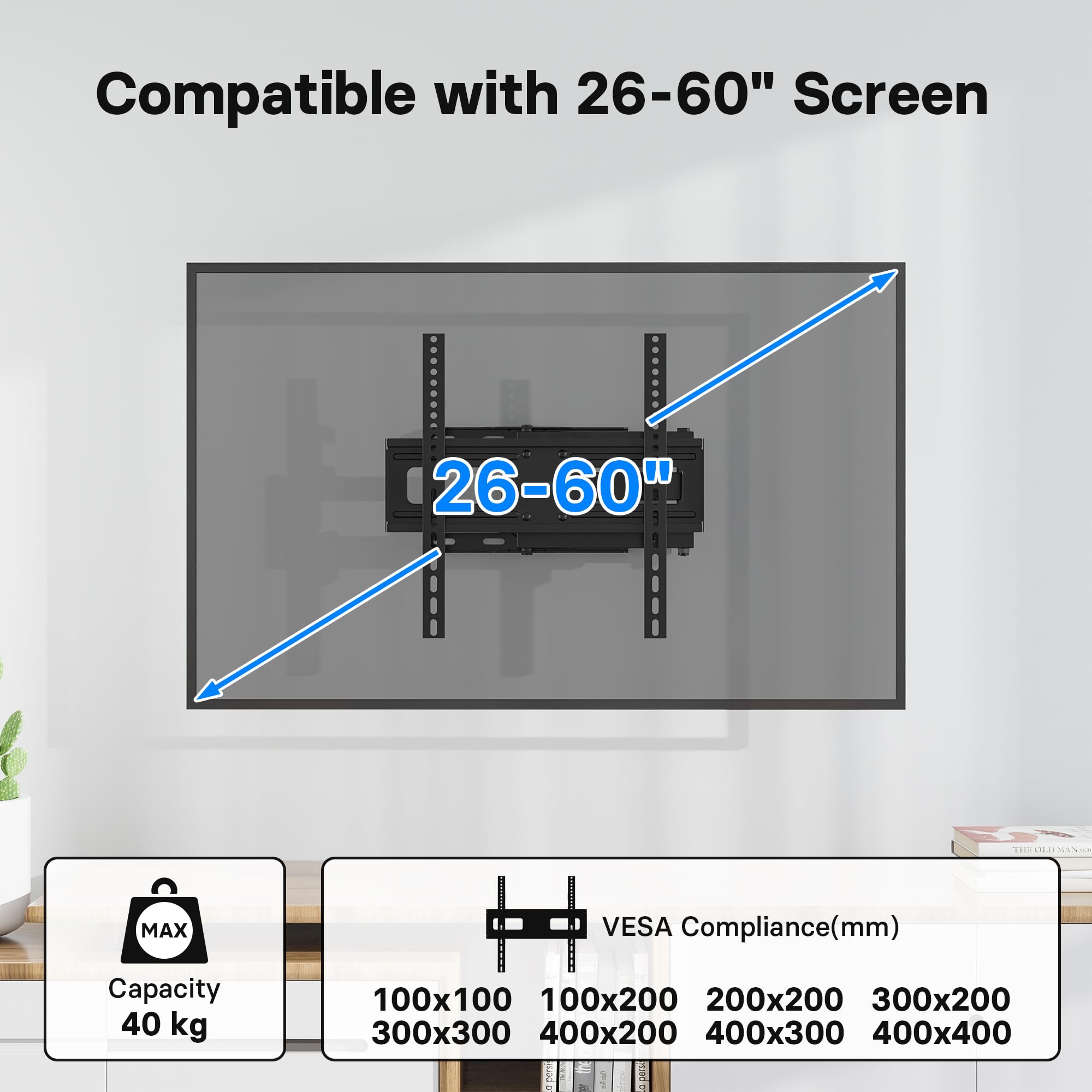 BONTEC Supporto TV Parete 26-60 Pollici per Televisione LED/LCD, Staffa TV con Girevole, Inclinazione, Rotazione ed Estensione da 80 a 500mm fino a 40kg, Max VESA 400x400 con Livella a Bolla