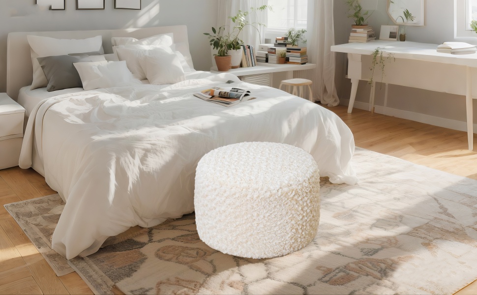 Pouf Rond Rembourré Asuprui - Diamètre 50,8 Cm X Hauteur 30,5 Cm - Repose-pieds Ottoman Pour Salon - Blanc Café