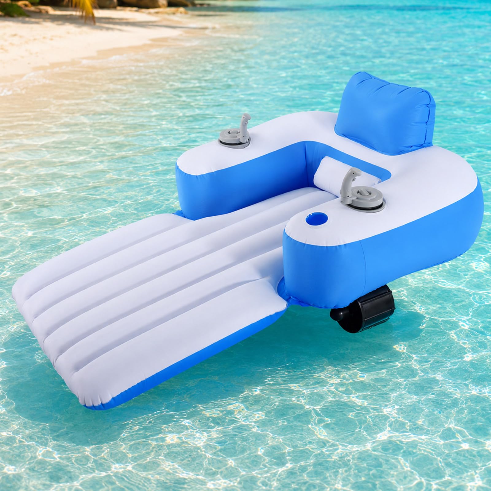 pealiritansemen Motorized Floatie for Adults, Electric Pool Lounger with 3-4 km/h Speed, Single or Dual Thrusters, Supportive Backrest, Cup Holder and Handles for Summer Pool Parties B