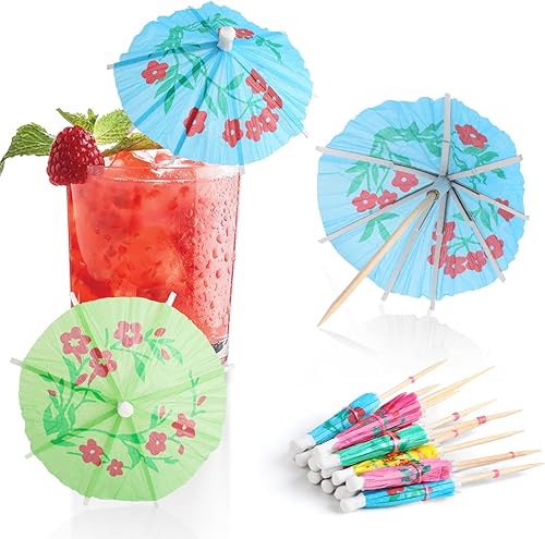 KIMOBER 144 palillos de bambú para bebidas de cóctel, sombrillas de papel de colores mixtos, hechos a mano, palillos de dientes para fiesta tropical