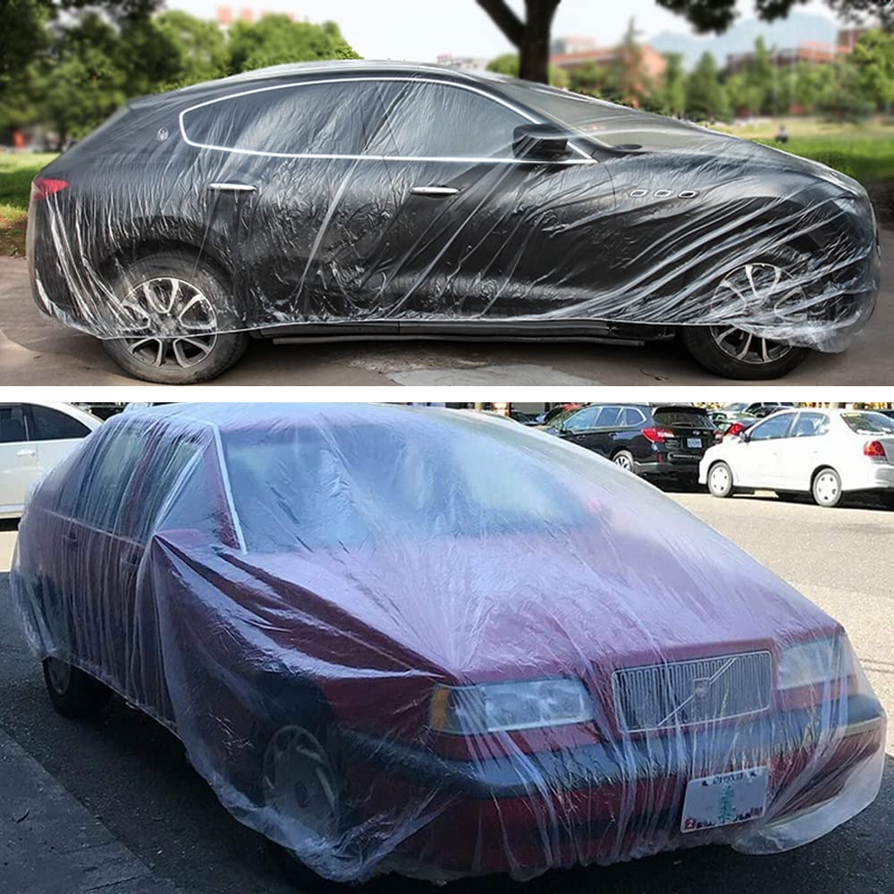 4 Packs Disposable Car Cover Clear Plastic Car Cover Universal Rain Dust Garage Cover with Elastic Band Medium — view 5