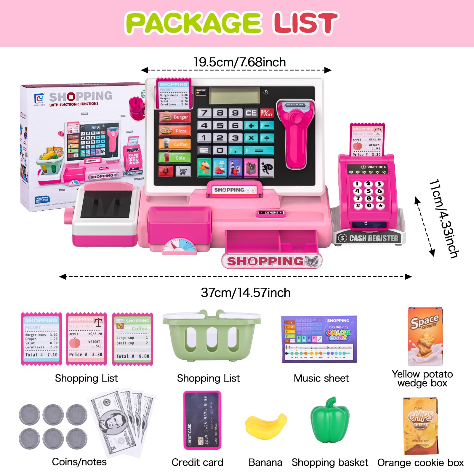 Registratore di cassa per bambini elettronica, cassa del supermercato con scanner e suono, giocattolo moneta per bambini con accessori, gioco educativo per bambini dai 3 anni (Rosso)