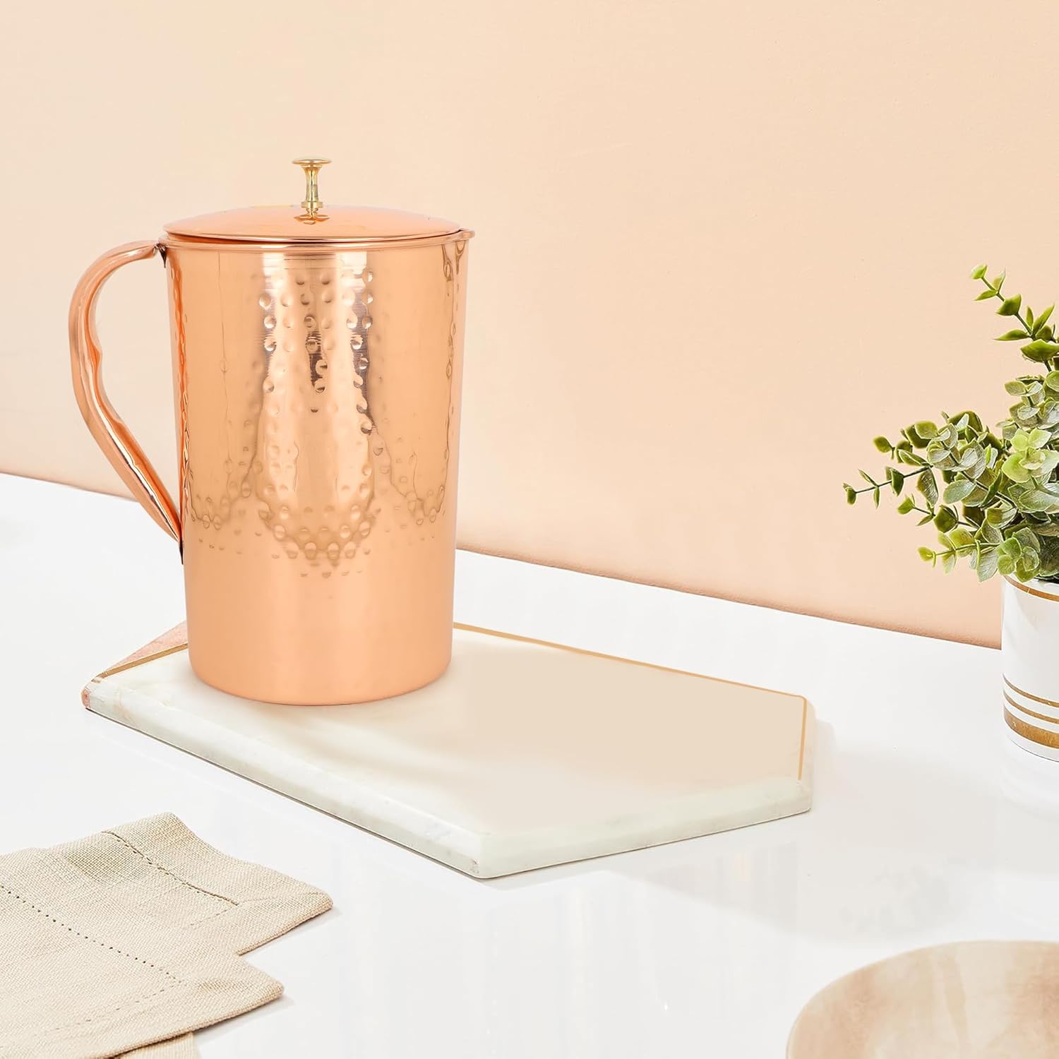 Zap Impex Pure Copper Pitcher with a Lid, Solid Copper, Copper Water Hammered Jug, Capacity 1200ml
