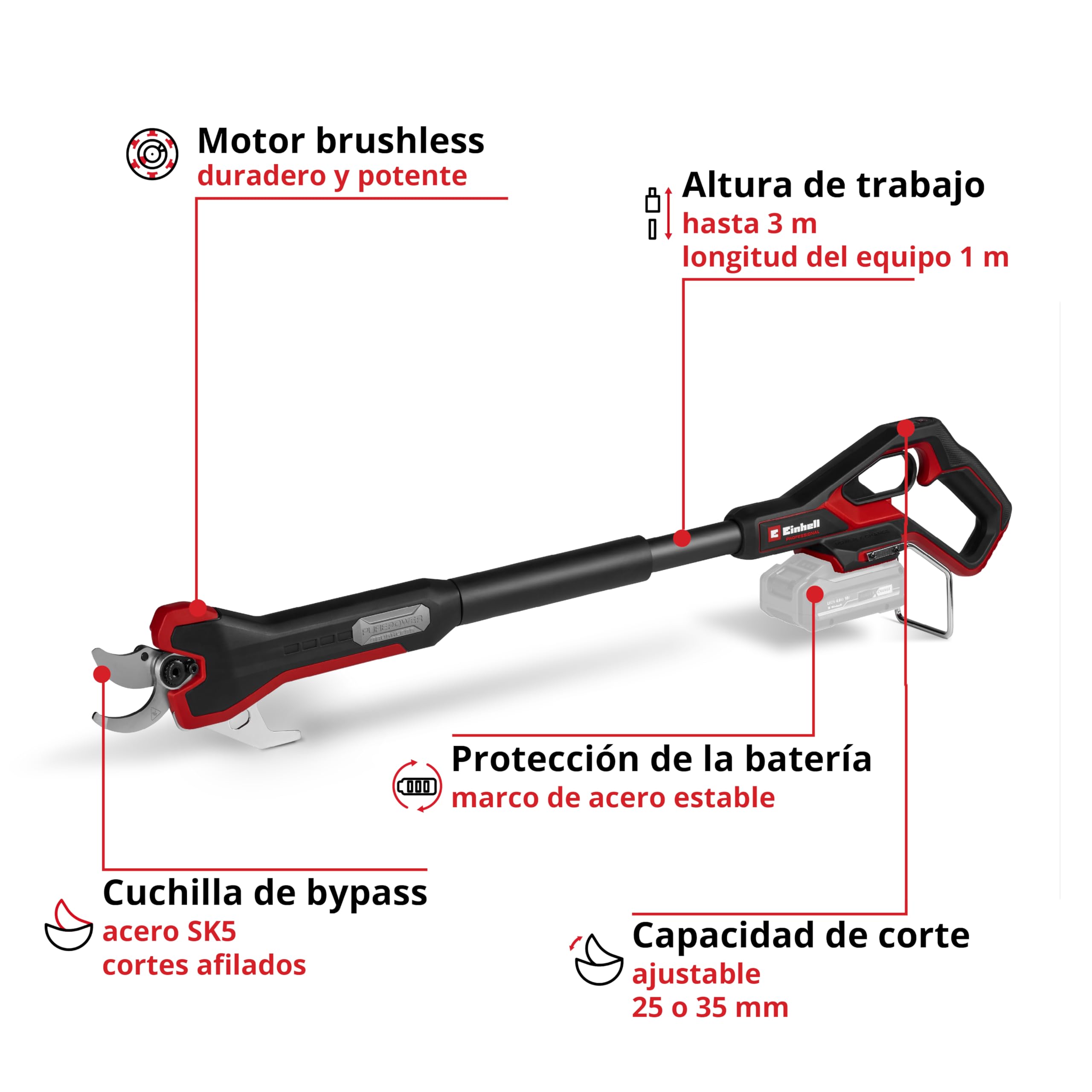 Einhell Professional tijeras de podar con batería GP-LS 18/35 Li BL-Solo Power X-Change (18 V, brushless, ramas hasta 35 mm, cuchillas de derivación, ganchos metálicos, agarre suave, sin batería)