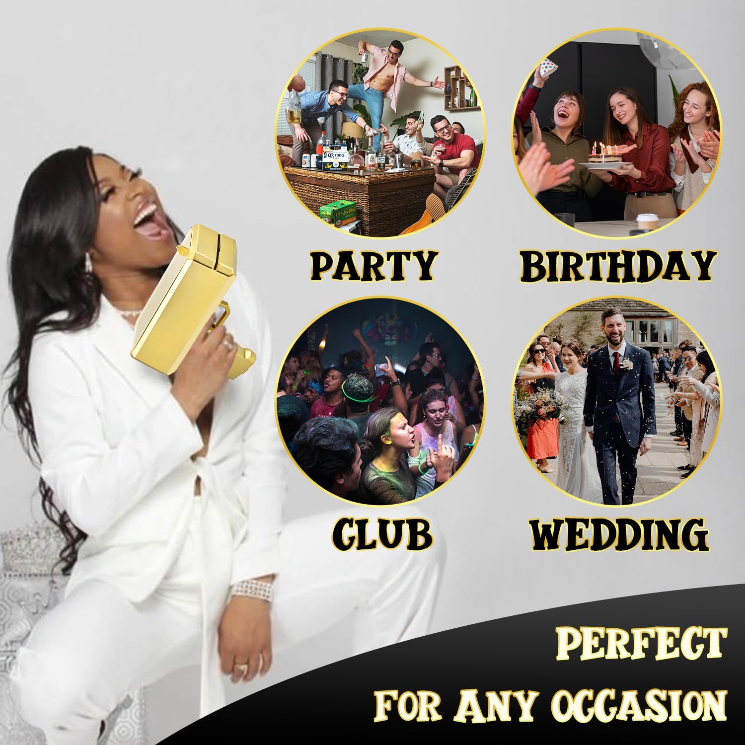Gold Money Gun, Automatic Cash Shooter Toy Make Rain Money Toy Gun for Parties, Weddings, Birthdays, Club Events Fun Prop Money Gun for Real or Fake Bills, Coupons & Flyers for Party