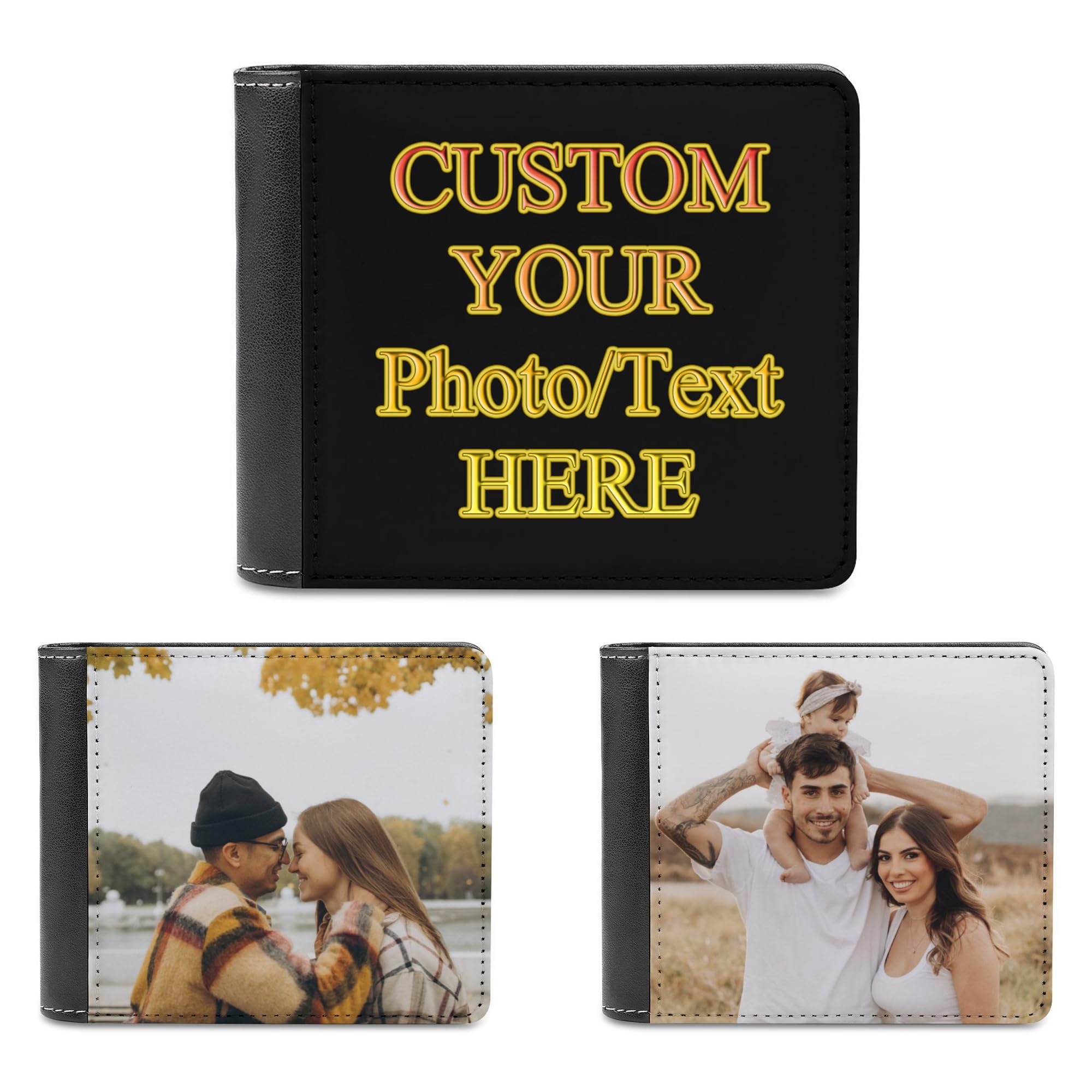 Oznufi Custom Leather Wallets for Men Personalized Photo Wallet Design Your Picture Text Name Birthday Father's Day Gifts for Dad Husband Boyfriend (
