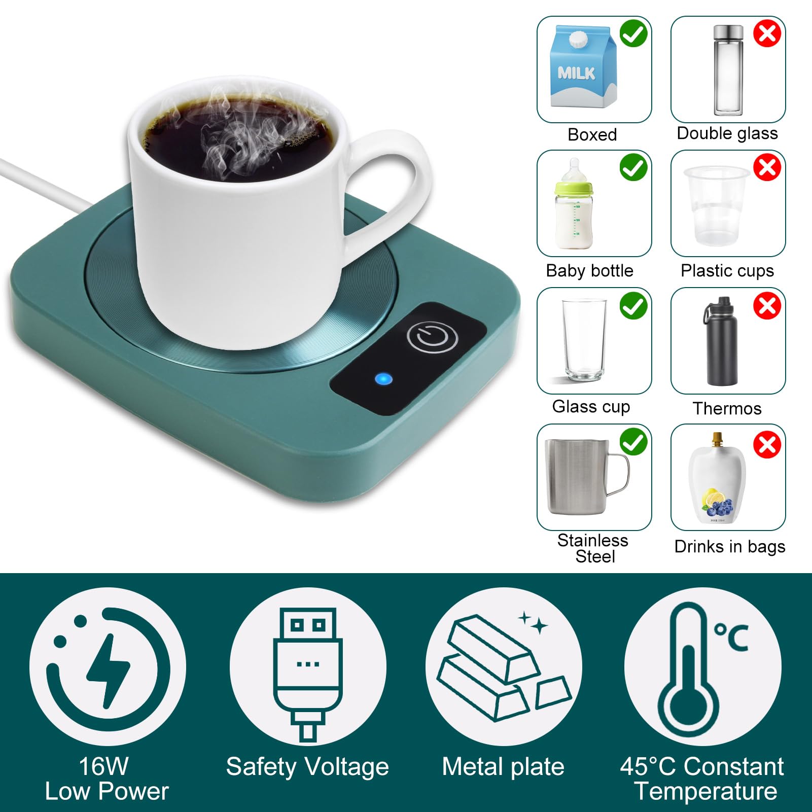 Chauffe-tasse à café USB pour bureau, dessous de verre chauffant à 45 ℃ pour chauffer l'eau, le thé, le lait, le cappuccino, la maison, le bureau, cadeau pour les amateurs de café (vert)