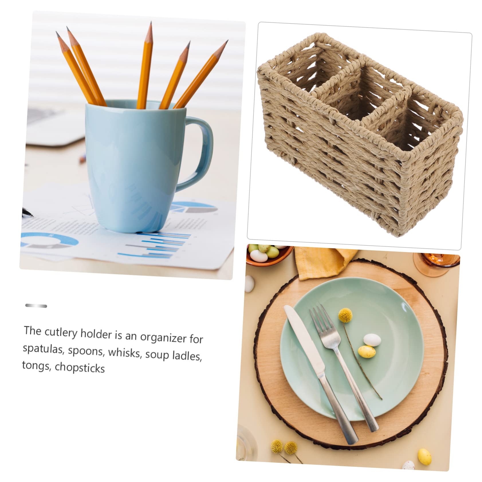Cabilock Soporte para Cubiertos Multifunción de Papel Trenzado Beige, Organizador Compacto para Utensilios de Cocina, Porta Cubiertos Ligero para Mesas y Encimeras, Adecuado para Hogar