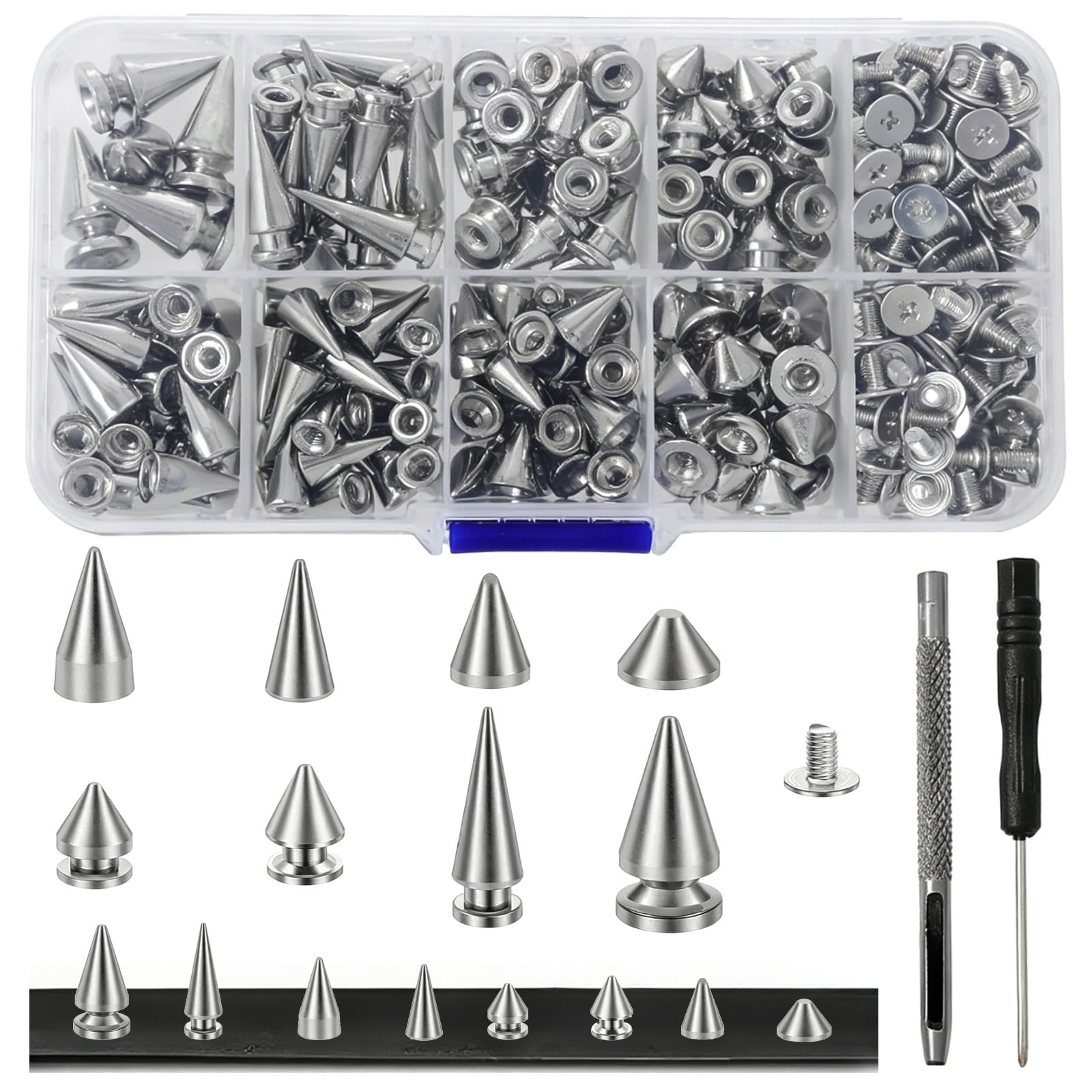 379Pcs Studs for Clothing Punk Spikes and Studs Kit Cone Studs Spikes with Screwbacks Metal Spikes Screw Back Punk Rivets Studs for DIY Bags Clothing Leather Craft & Jewelry (8 Size, Silver)
