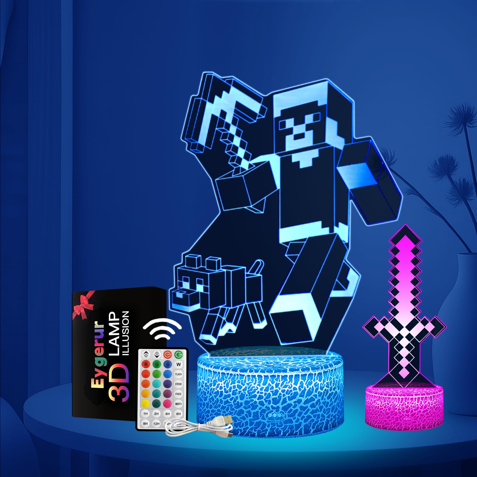 Eygerur 2 Pezzi Minec Luce Notturna Bambini, Regalo de Minec per Bambini 2 3 4 5 6 7+ anni,Minec Lampade 3D Illusione Lamp con 16 Cambi di Colore, Regali di Natale Compleanno per Ragazza, Ragazzo