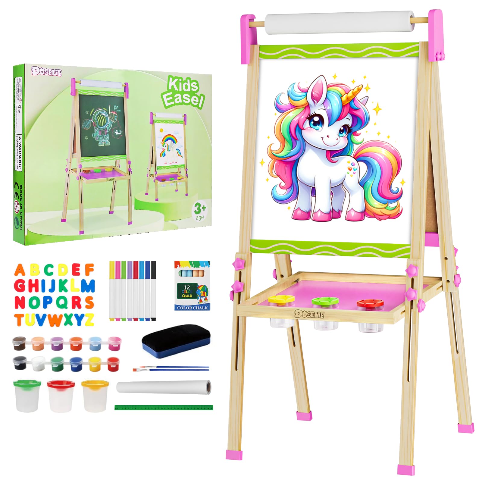 Easel for Kids,Wooden Art Easel,Toddler Toys for Ages 2-4 5-7 with Art Supplies,Height Adjustable Double-Sided Magnetic Whiteboard and Chalk Board,Birthday Gifts for 2 3 4 5 6 7 Year Old Boy Girl Toy