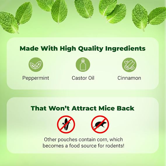 Mighty Mint Mouse Repellent Pouches Peppermint, Castor Oil & Cinnamon Formula Natural Indoor Deterrent for Mice and Rodents Plant-Based, Long-Lasting Protection 12 Count