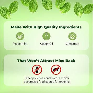 Mighty Mint Mouse Repellent Pouches Peppermint, Castor Oil & Cinnamon Formula Natural Indoor Deterrent for Mice and Rodents Plant-Based, Long-Lasting Protection 12 Count