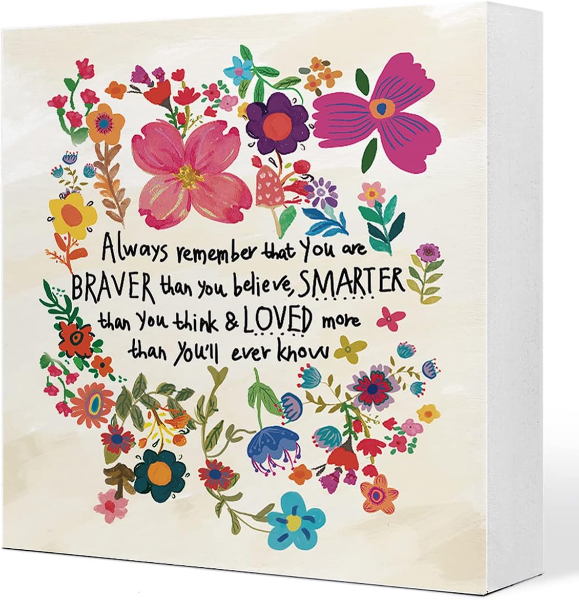 Always Remember You are Braver Than You Believe Colorful Flowers Wooden Sign Desk Decor, Inspirational Positive Wood Block Sign for Home, Girls Room, Dorm, Office Desk Shelf, Table Decor