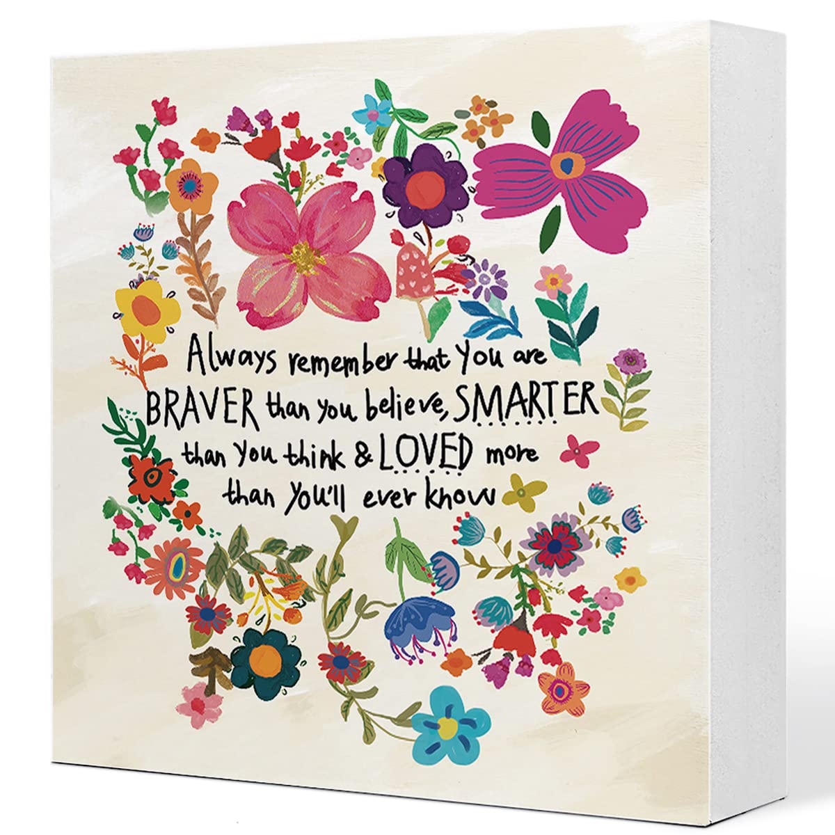 Always Remember You are Braver Than You Believe Colorful Flowers Wooden Sign Desk Decor, Inspirational Positive Wood Block Sign for Home, Girls Room, Dorm, Office Desk Shelf, Table Decor