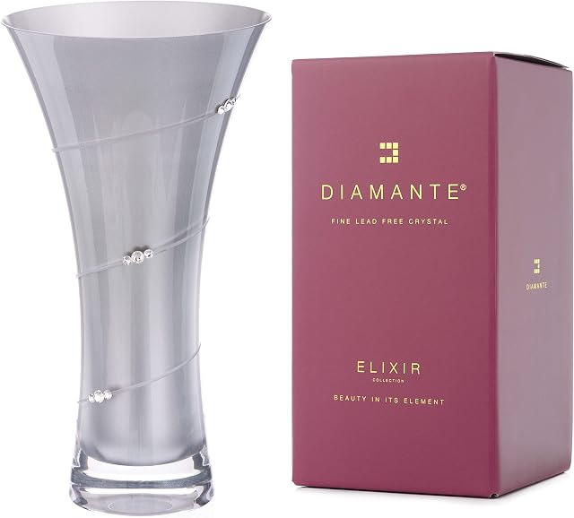 DIAMANTE Swarovski Metallic Silver Trumpet Flared Vase with Swarovski Crystals - 25cm