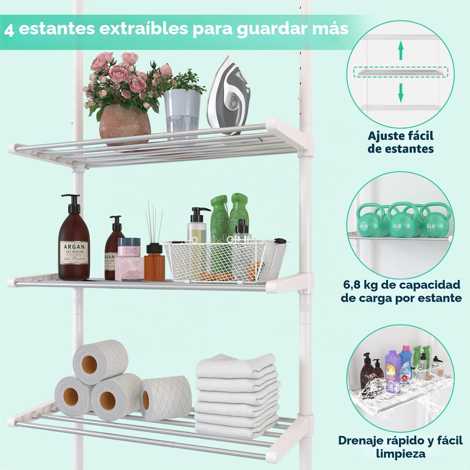 Estantería para inodoro con estantes ajustables de 4 niveles, ahorra espacio y barra doble tensora de pie, organizador de baño sin necesidad de
