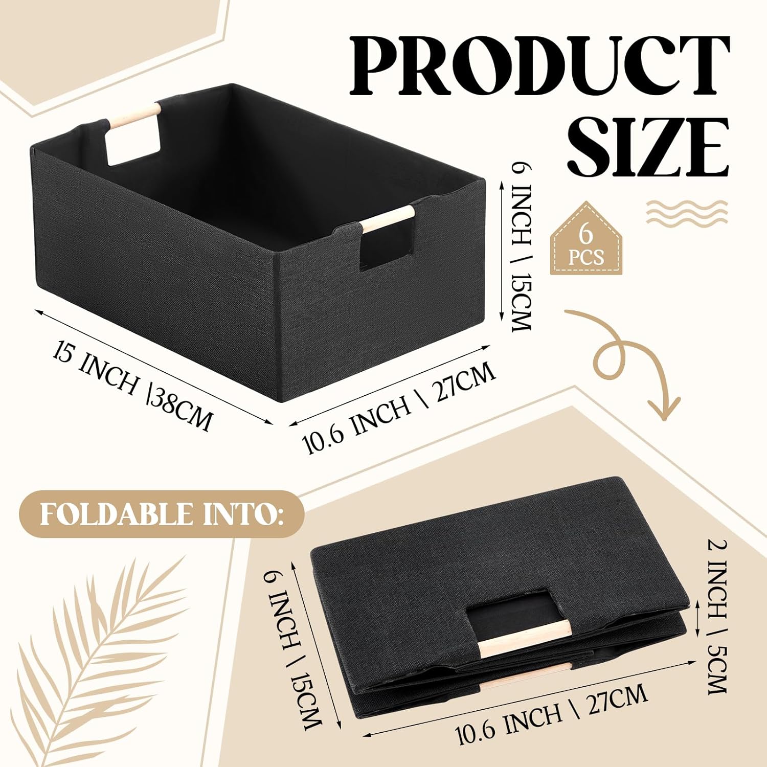 Cinnvoice Fabric Storage Bins for Closet Shelves, Rectangle Wardrobe Organizer with Handle, Collapsible Shelves Storage Basket for Sorting Clothes and Toy (6 Pack,Black,15 x 10.6 x 6 Inch)